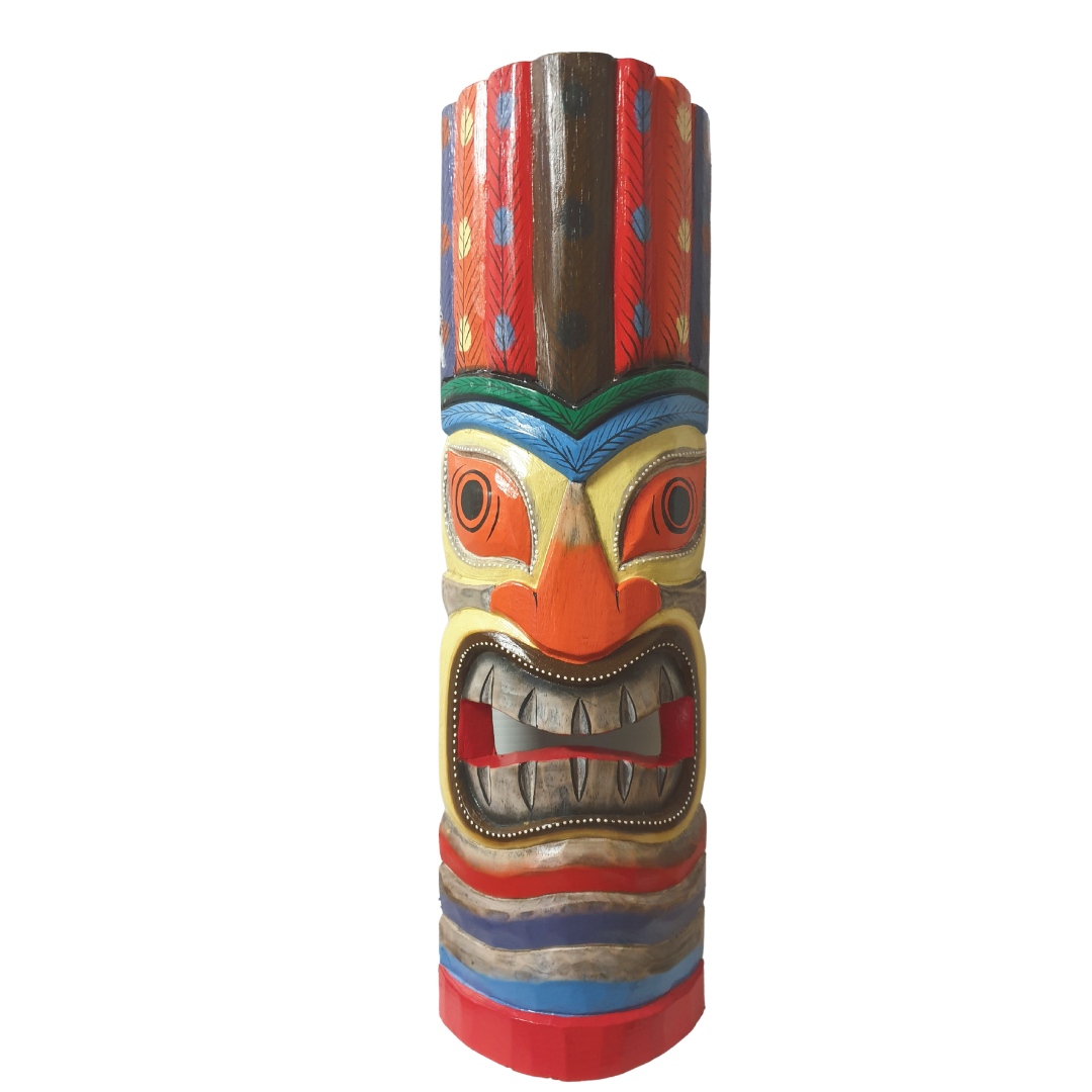 Hand-painted tiki mask wall decor featuring vibrant multicolour Polynesian design on dark timber