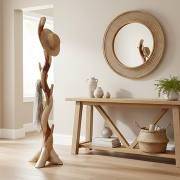 Tall natural wood branch coat stand with a straw hat and white scarf in a bright coastal entryway with a round rattan mirror, timber console table, ceramic vases, and a woven basket