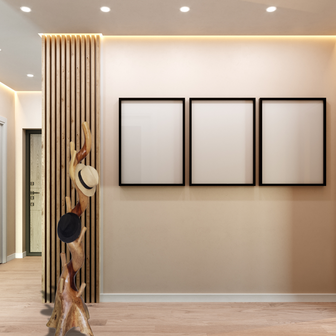 Modern interior design with three blank picture frames on a wall, wooden floor, and striped curtain.