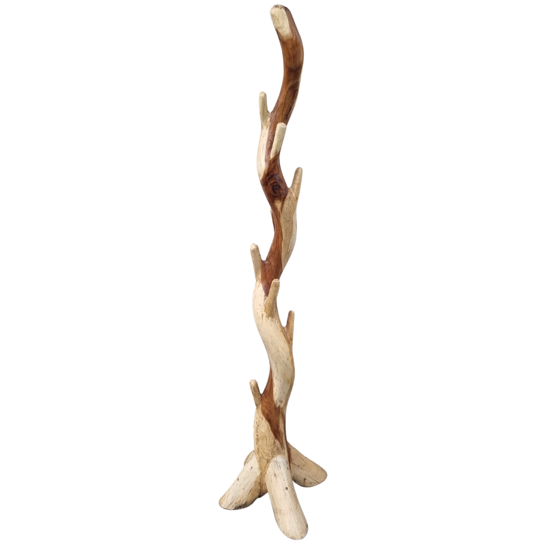 white wall with a large wooden stand for to hang your hats