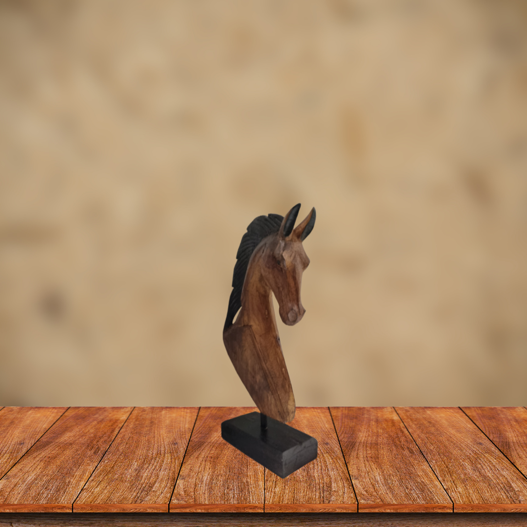 Wooden Horse Carving sculpture – handcrafted solid wood, brown and black finish, side view on black stand