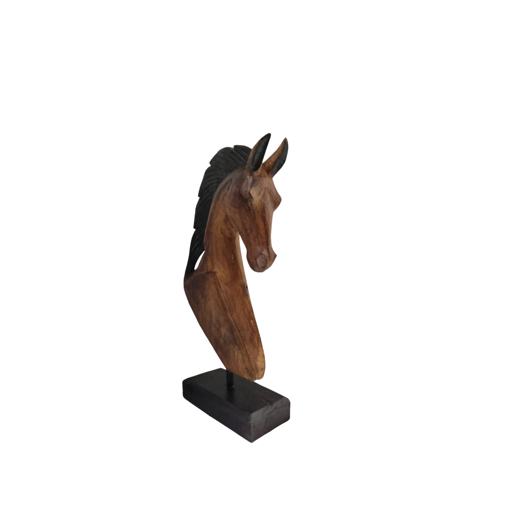 Wooden Horse Carving sculpture – medium size, front-facing angle showing hand carved wood grain and black mane