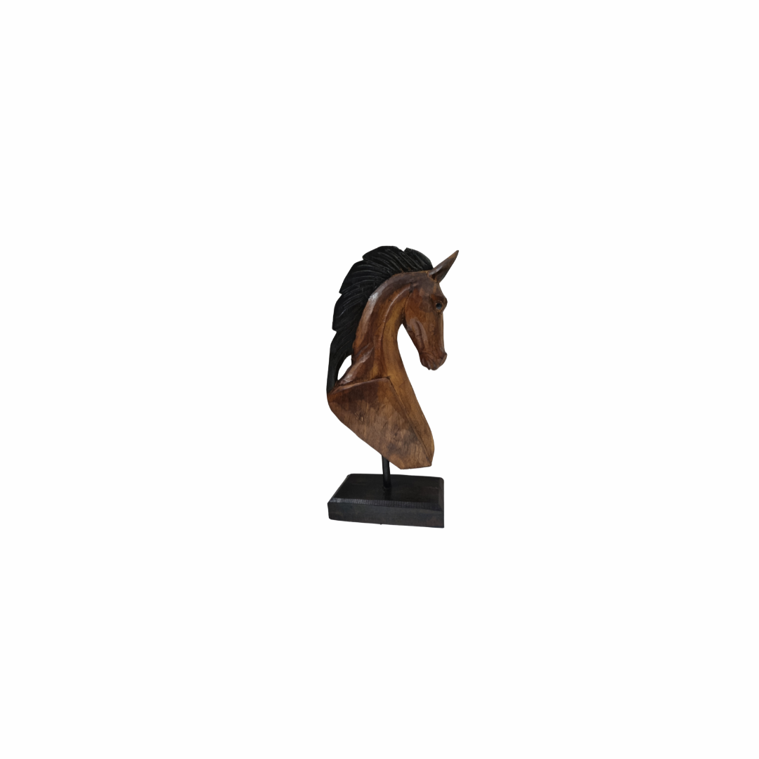Wooden Horse Carving – handcrafted solid wood sculpture, brown and black finish, tall profile on black stand