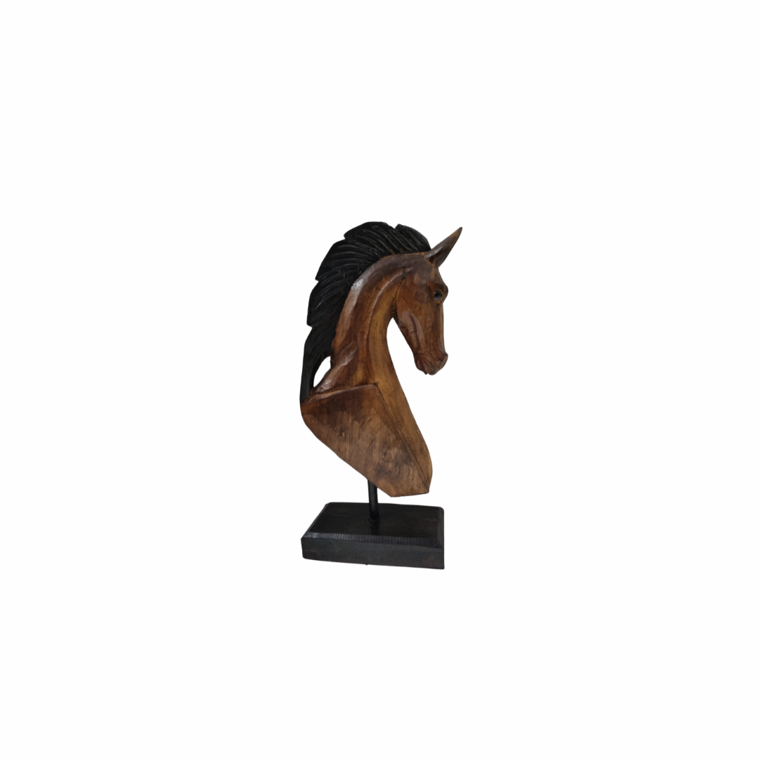 Wooden Horse Carving close-up – hand carved solid wood detail, brown finish with black mane, rustic home decor sculpture