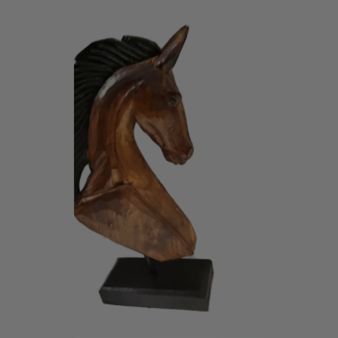 Timeless Wooden Horse Carving – solid wood sculpture on black stand, brown and black finish, handmade home decor