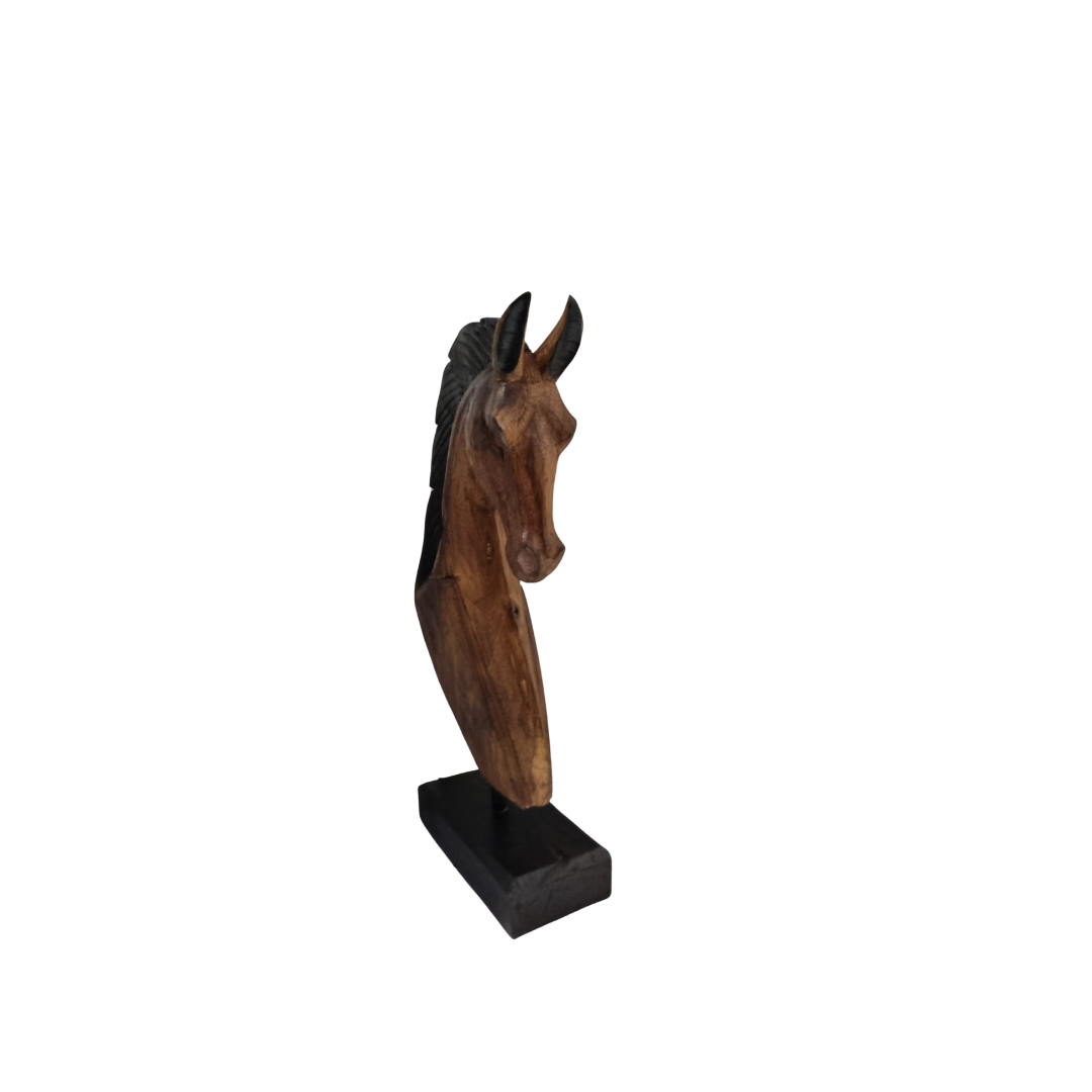 Timeless Wooden Horse Carving styled on timber table – large size, handcrafted wood sculpture for mantle or bookshelf decor