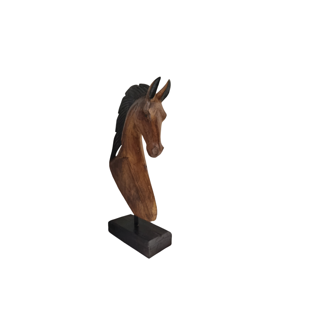 A handcrafted wooden sculpture of a horse, with a brown and black finish, mounted on a rectangular base.