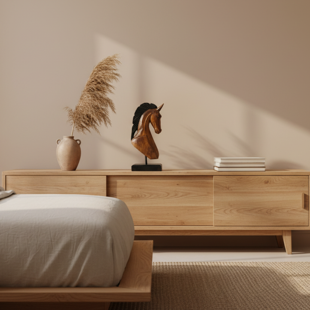 Brown artisan figure on a low timber sideboard in a Japandi bedroom styled with dried pampas grass in a clay vase and soft morning light