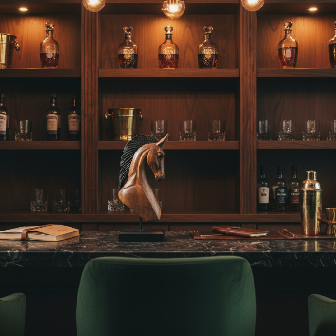 Brown and black artisan figure on a dark marble bar top in front of a timber whisky cabinet with crystal decanters and amber lighting