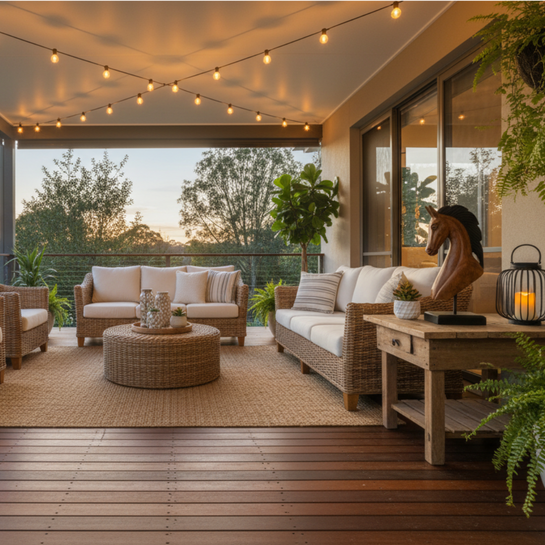 Brown artisan bust on a timber side table in a covered outdoor alfresco area with rattan furniture, string lights, and a potted plant