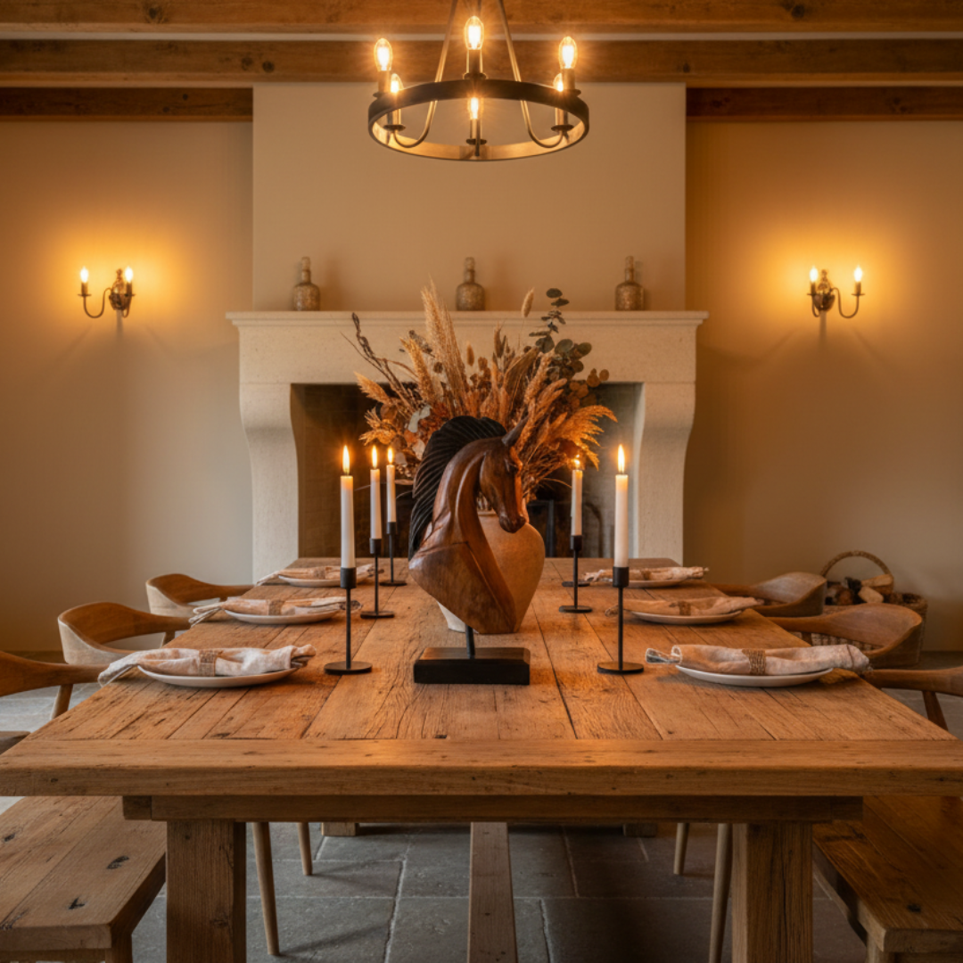 Handcrafted wooden horse head sculpture as dining table centrepiece styled with linen napkins and taper candles in rustic dining room