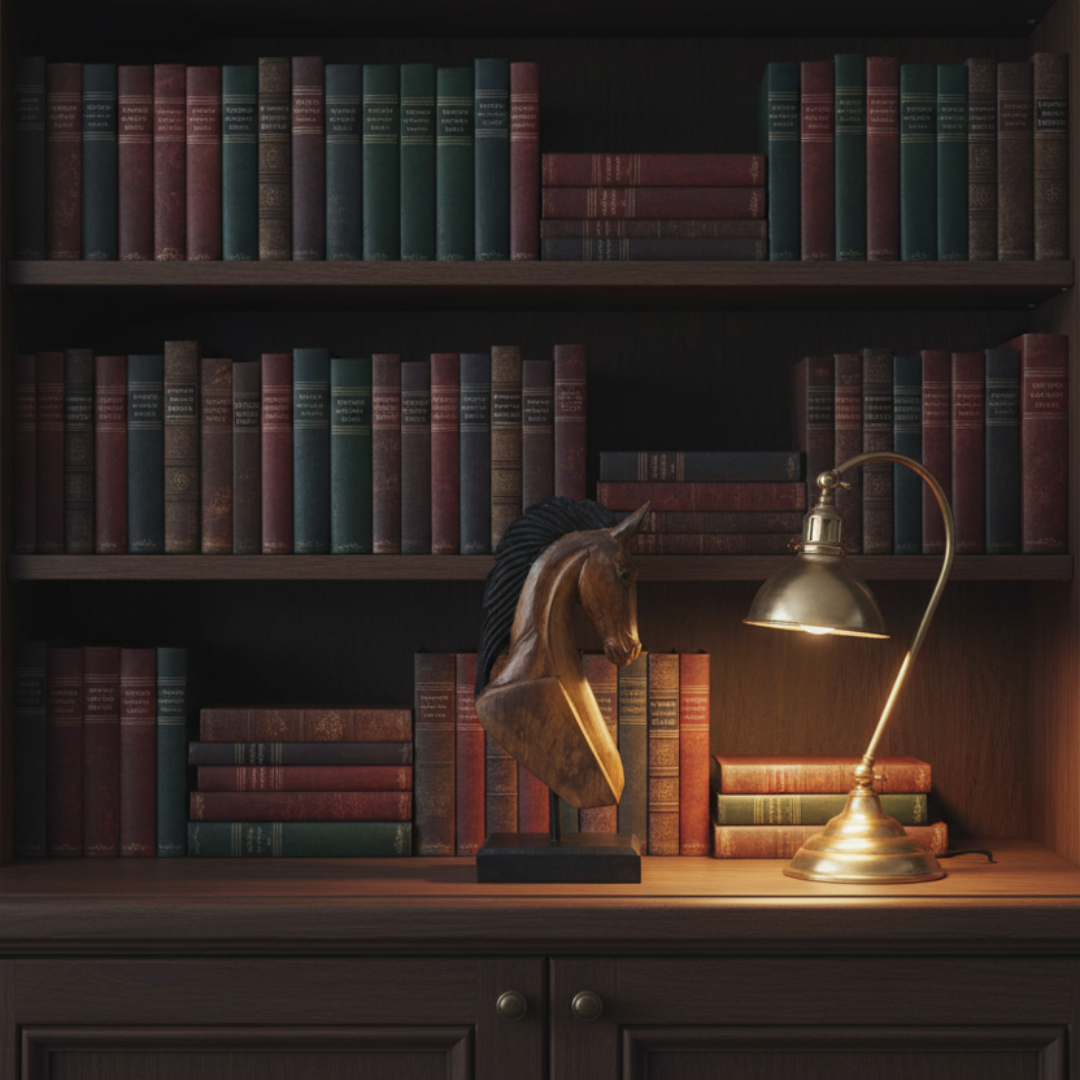 Timeless Wooden Horse Carving sculpture on dark timber bookshelf in classic home office styled with leather-bound books and a brass desk lamp