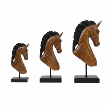 Three solid wood horse head bust sculptures displayed side by side in ascending size order — small 35cm, medium 43cm, and large 50cm — on black bases and wooden rods, white background