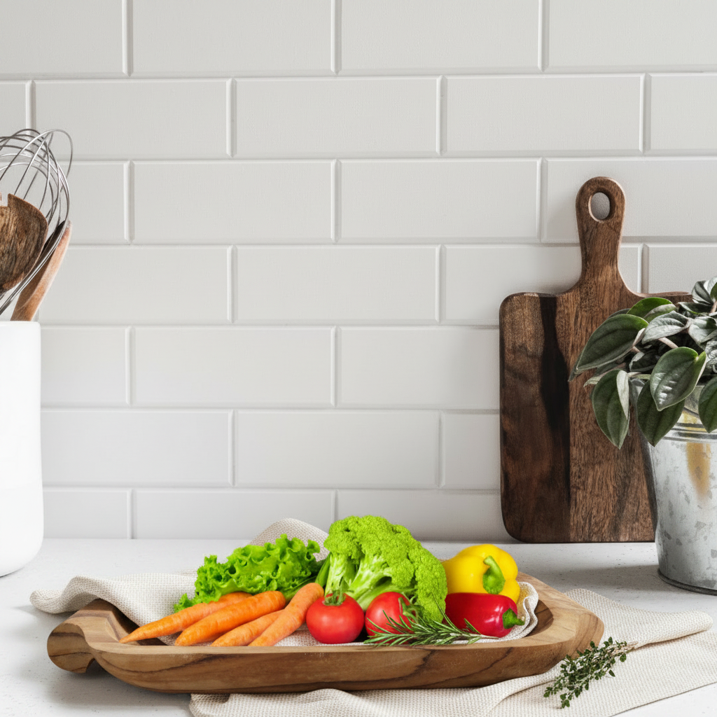 vegetables set on a kitchen bench top 