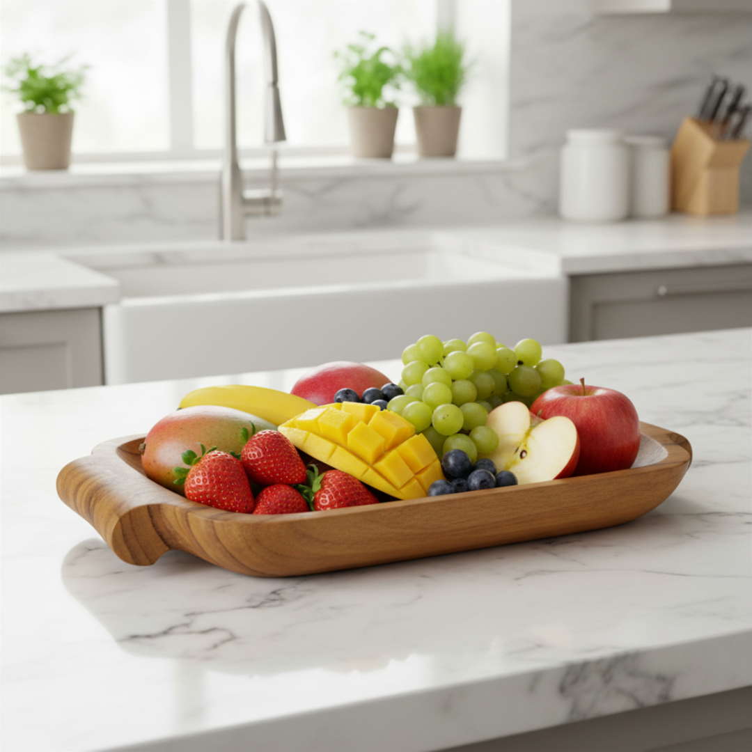 Rectangular wooden tray with carved handles holding tropical fruit on a marble kitchen bench 