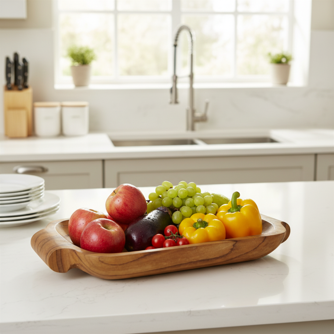 teak wooden serving tray filled with fresh fruit and vegetables on a white kitchen island 