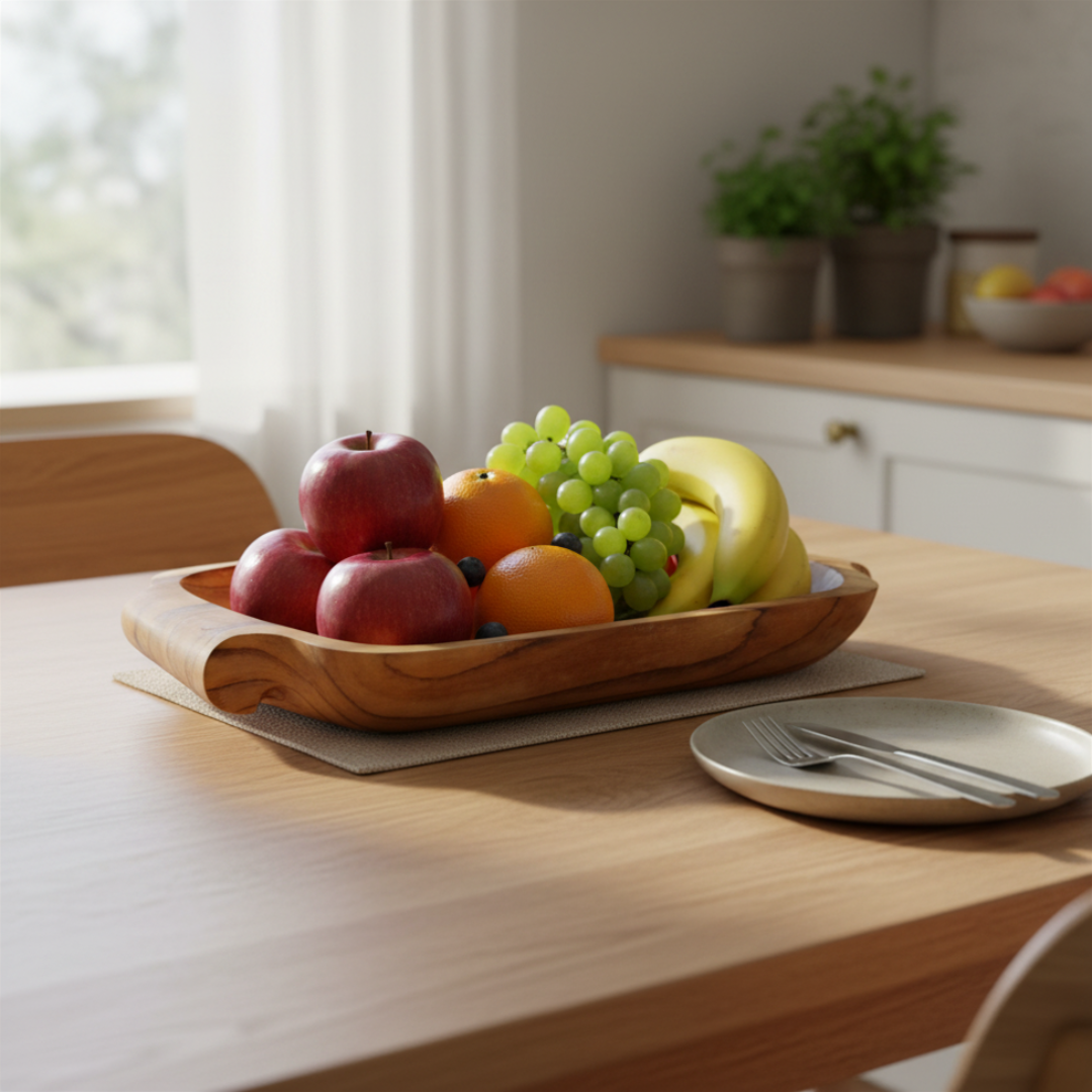 Wooden serving tray with fresh fruit on a timber dining table set for a meal 