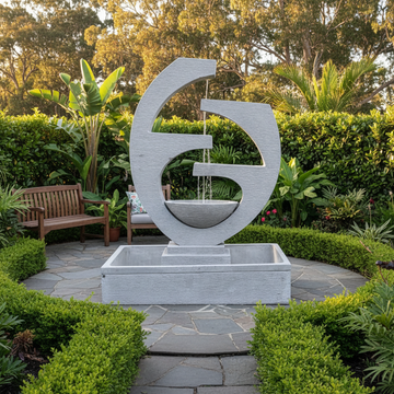 Modern sculptural concrete fountain styled in a lush green garden with timber bench, tropical plants and stone paving