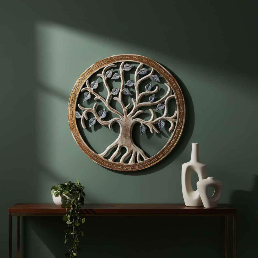 Tree of Life circular wall art 80cm in gold frame with blue-grey leaves, styled above a console table on a sage green wall in a modern living room