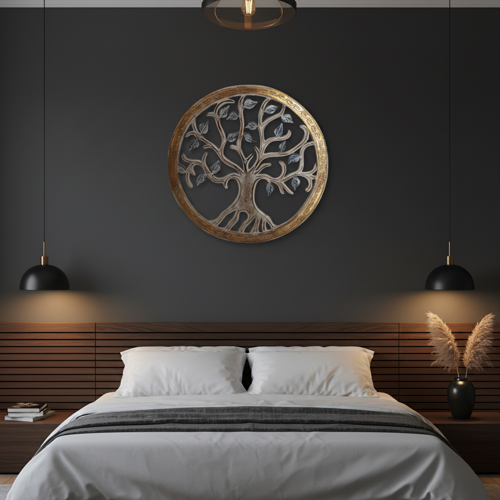 Tree of Life circular wall art 80cm in gold frame with black leaves, styled above a timber bed head on a charcoal wall in a modern bedroom
