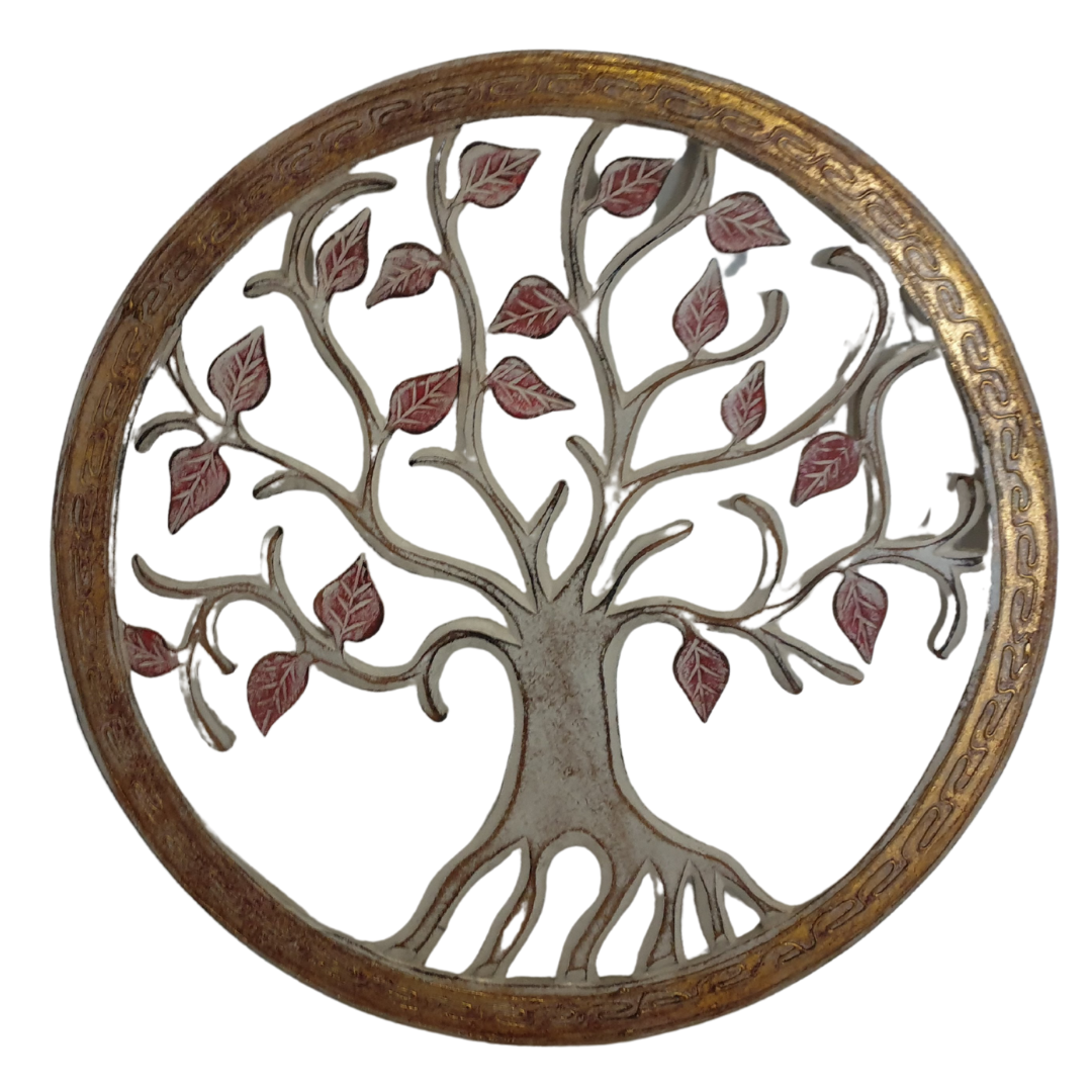 A circular  wall decor depicting the Tree of Life with silver branches and red leaves, framed with a bronze-colored border.