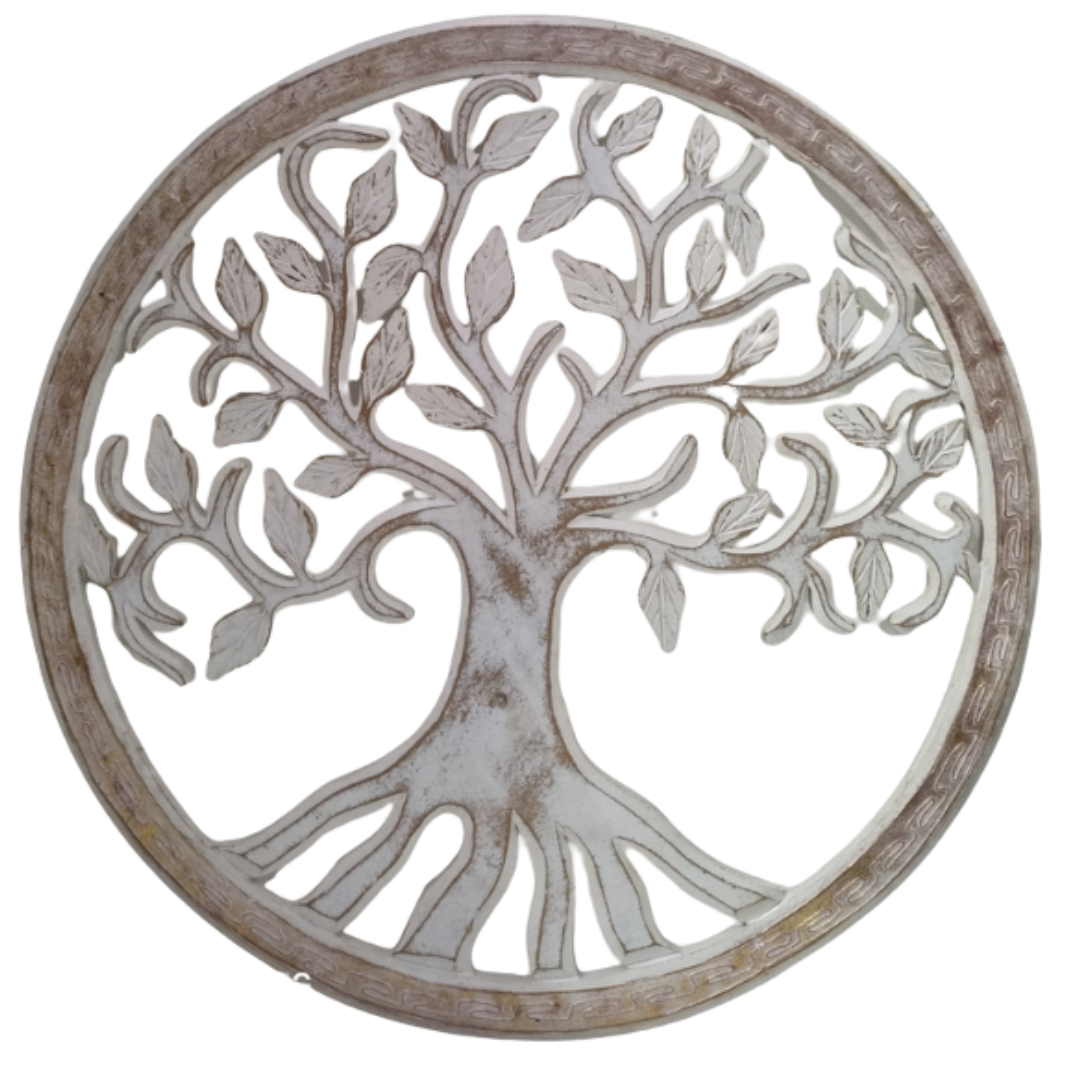 Circular MDF wall art in white whitewash finish, styled above a floating vanity on a dove grey wall in a modern spa bathroom