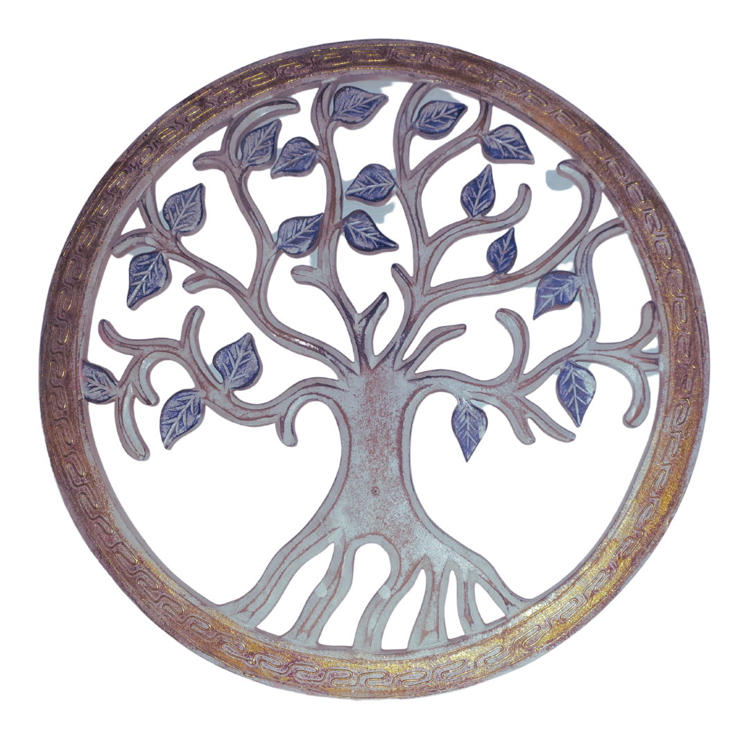 A circular  wall decor depicting the Tree of Life with silver branches and blue leaves, framed with a bronze-colored border.