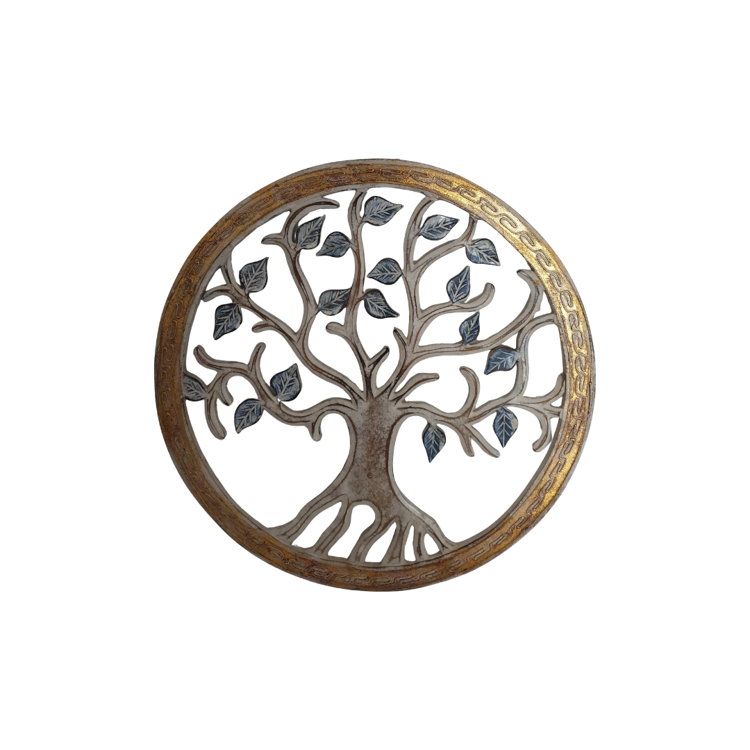 cutout branches and leaves, finished in a distressed bronze and gold tone, shown against a plain white background.