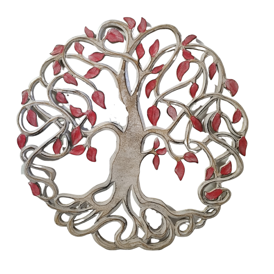 stylized tree of life with a  red  leaves, shown against a plain white background.