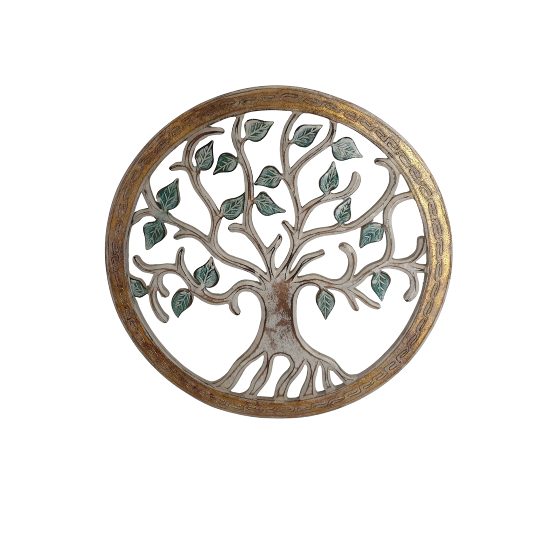 green leaves and a distressed bronze finish, set against a plain white background.