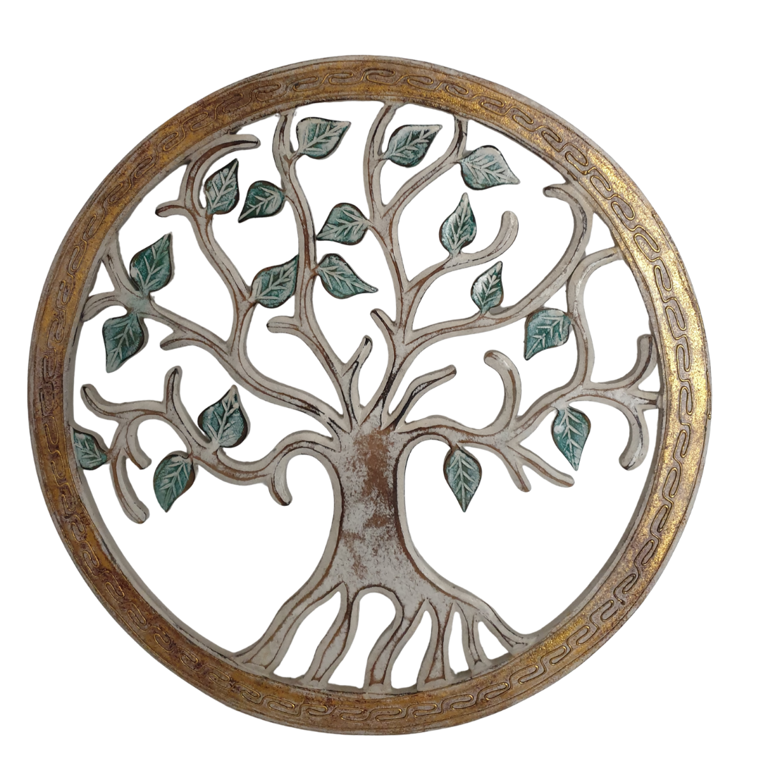 distressed tree trunk and branches, green patina leaves, and an ornate gold-toned outer border.