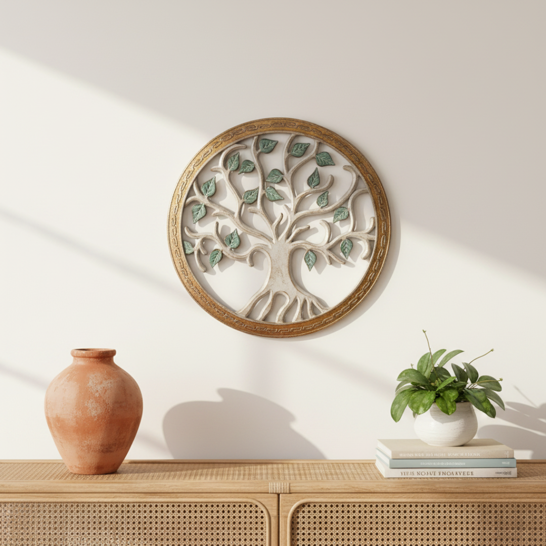 Circular MDF wall art in gold frame with sage green leaves, styled above a rattan console table on a warm white wall in a coastal living room