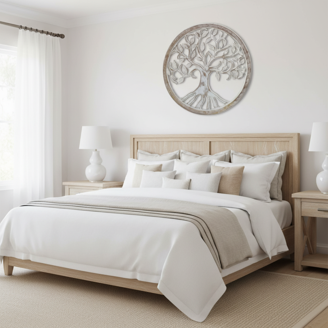 Circular MDF wall art in all-white whitewash finish, styled above a timber bed head with white linen bedding in a bright Hamptons bedroom