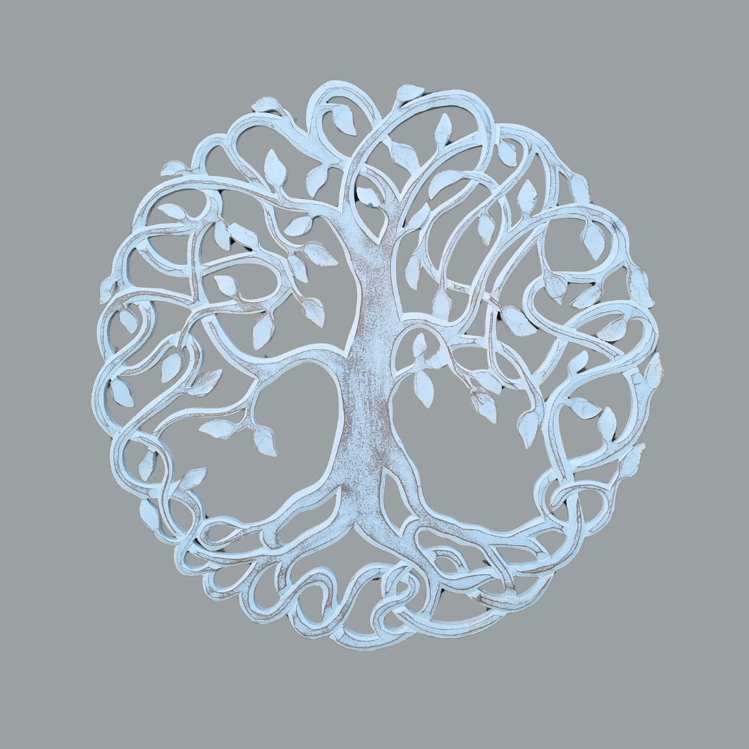 piece featuring a stylized  in a distressed white finish, shown against a solid gray background.