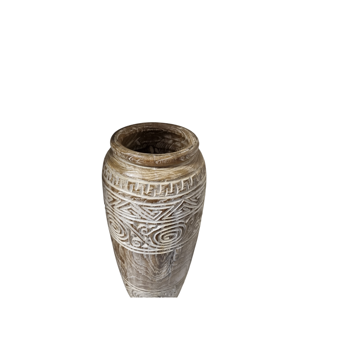 Tribal Harmony hand-carved teak wood vase — close-up of rolled rim and tribal spiral geometric carvings, whitewash reclaimed teak finish, tapered cylinder Style 2