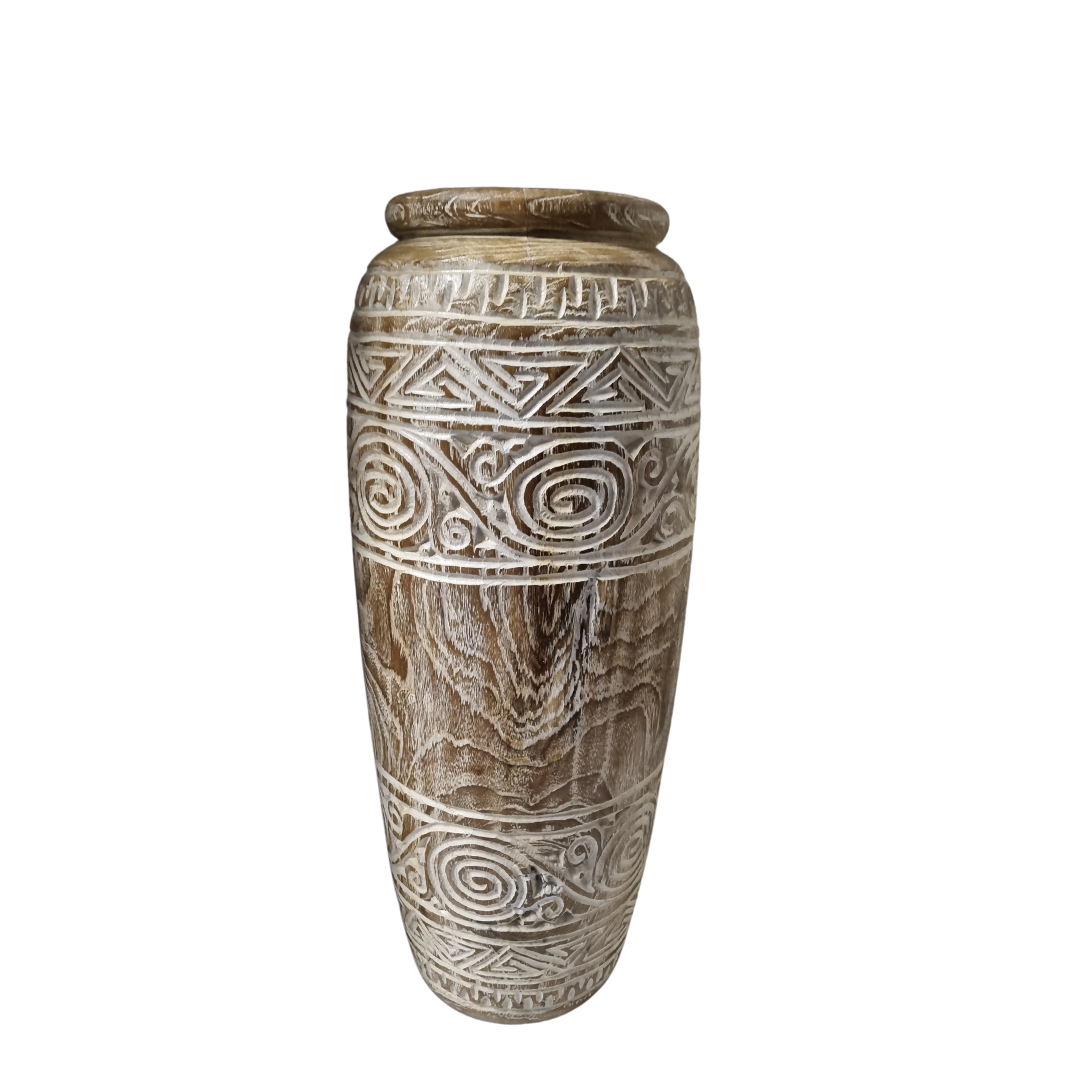 Tribal Harmony hand-carved teak wood vase — tapered cylinder shape, tribal spiral and geometric carvings, whitewash reclaimed teak finish, white background, 60cm take note of teh colour variations