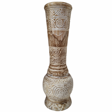 Tribal Harmony teak wood baluster vase — hand-carved tribal spiral and geometric patterns, whitewash reclaimed teak finish, white background, 58cm