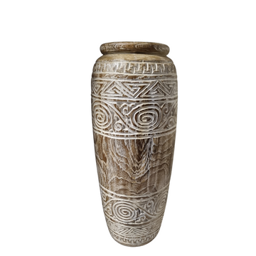 Tribal Harmony hand-carved teak wood vase — tapered cylinder shape, tribal spiral and geometric carvings, whitewash reclaimed teak finish, white background, 60cm