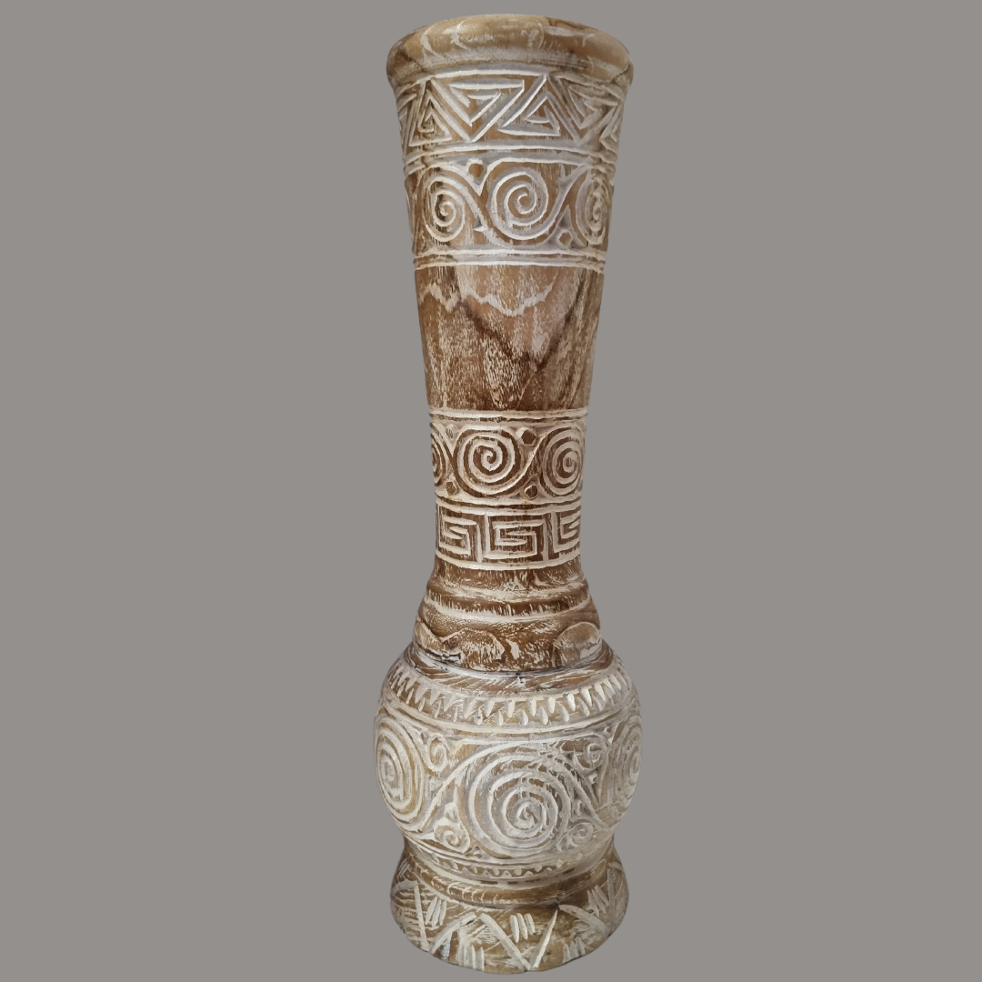 Tribal Harmony hand-carved teak wood vase — double-gourd baluster silhouette with tribal spiral, meander and geometric band carvings, whitewash reclaimed teak finish, grey background