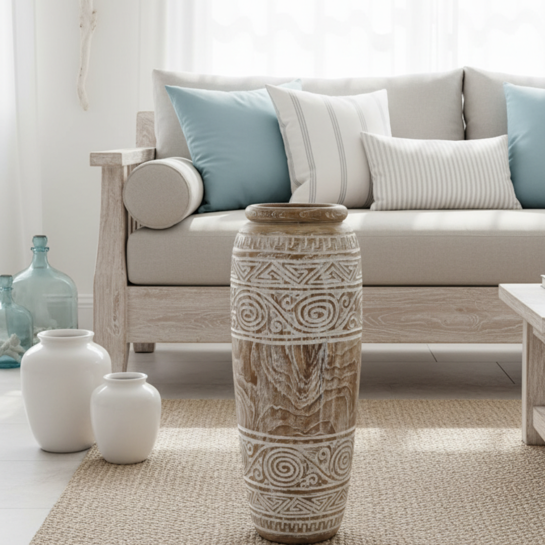Tribal Harmony teak wood tapered cylinder vase styled in a coastal living room — whitewash carved tribal design, jute rug, bleached timber sofa, soft blue and white cushions, airy natural light