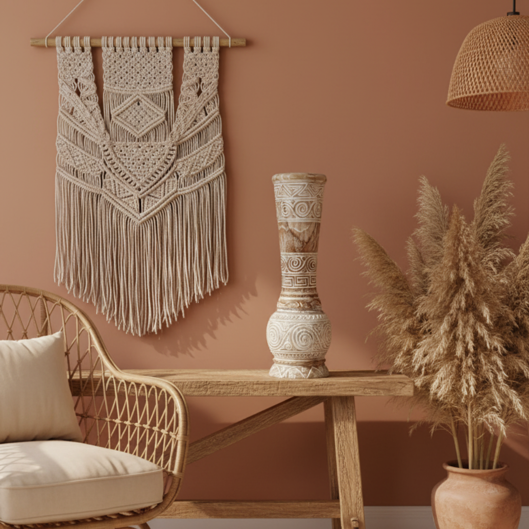Tribal Harmony teak wood baluster vase styled in a boho living room — whitewash carved tribal design, rattan chair, macramé wall hanging, dried pampas grass, warm terracotta tones