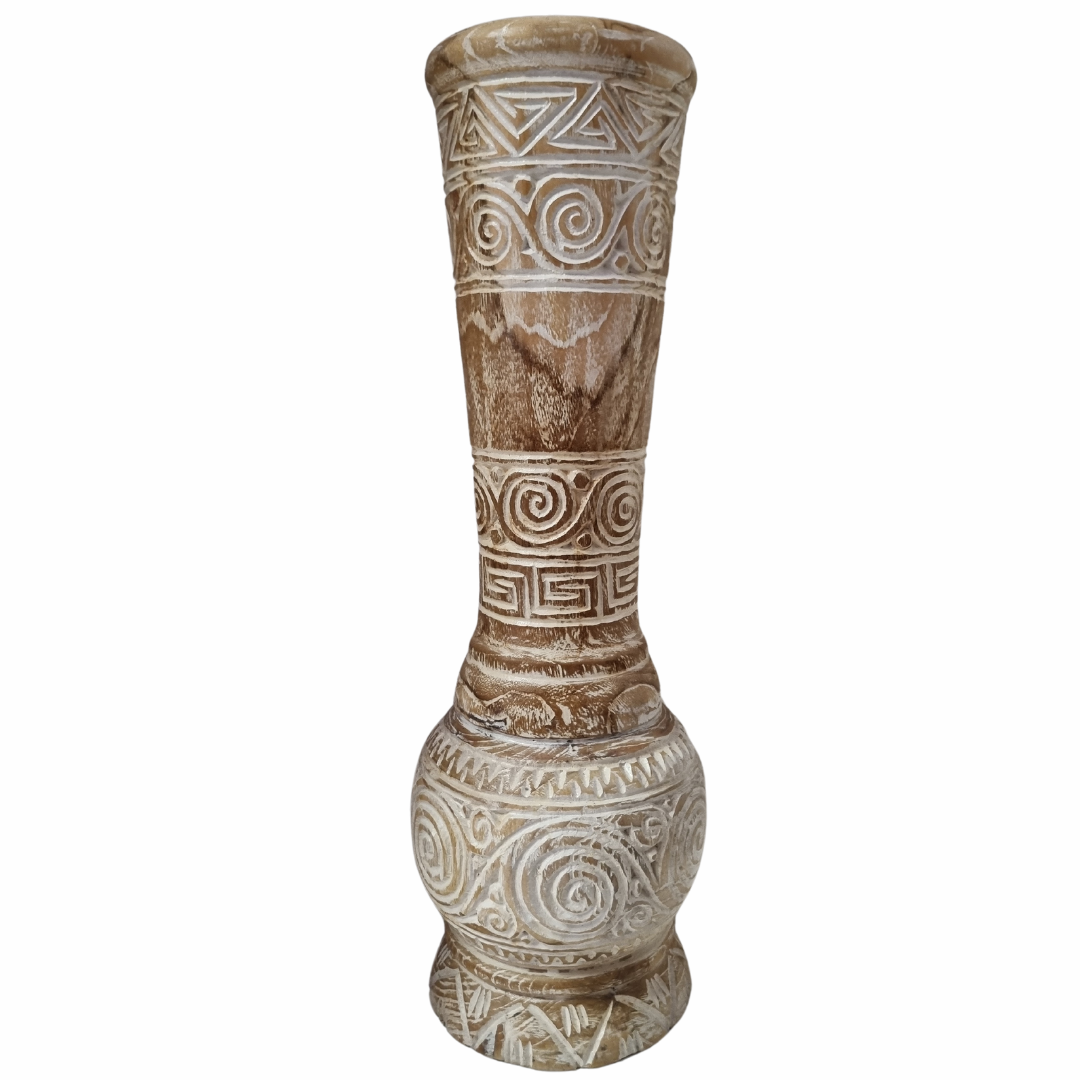Tribal Harmony teak wood baluster vase — hand-carved tribal spiral and geometric patterns, whitewash reclaimed teak finish, white background, 58cm