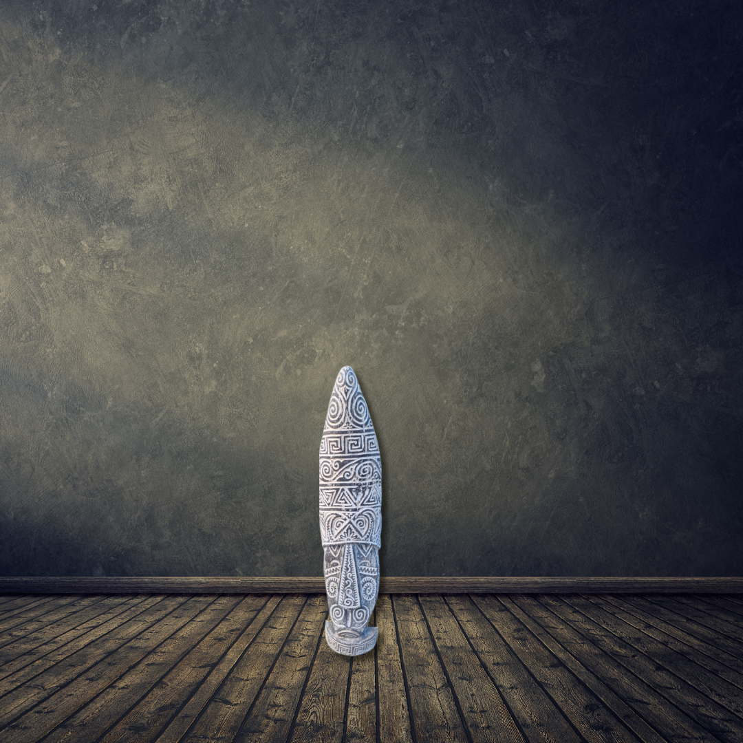 Decorative Trbali style decor with tribal patterns on a wooden floor against a dark wall