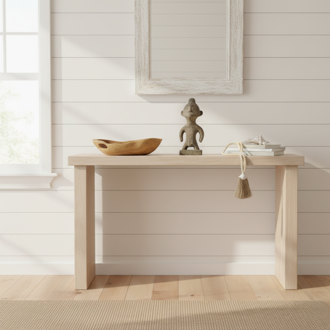 Wooden console table with decorative items against a white paneled wall.