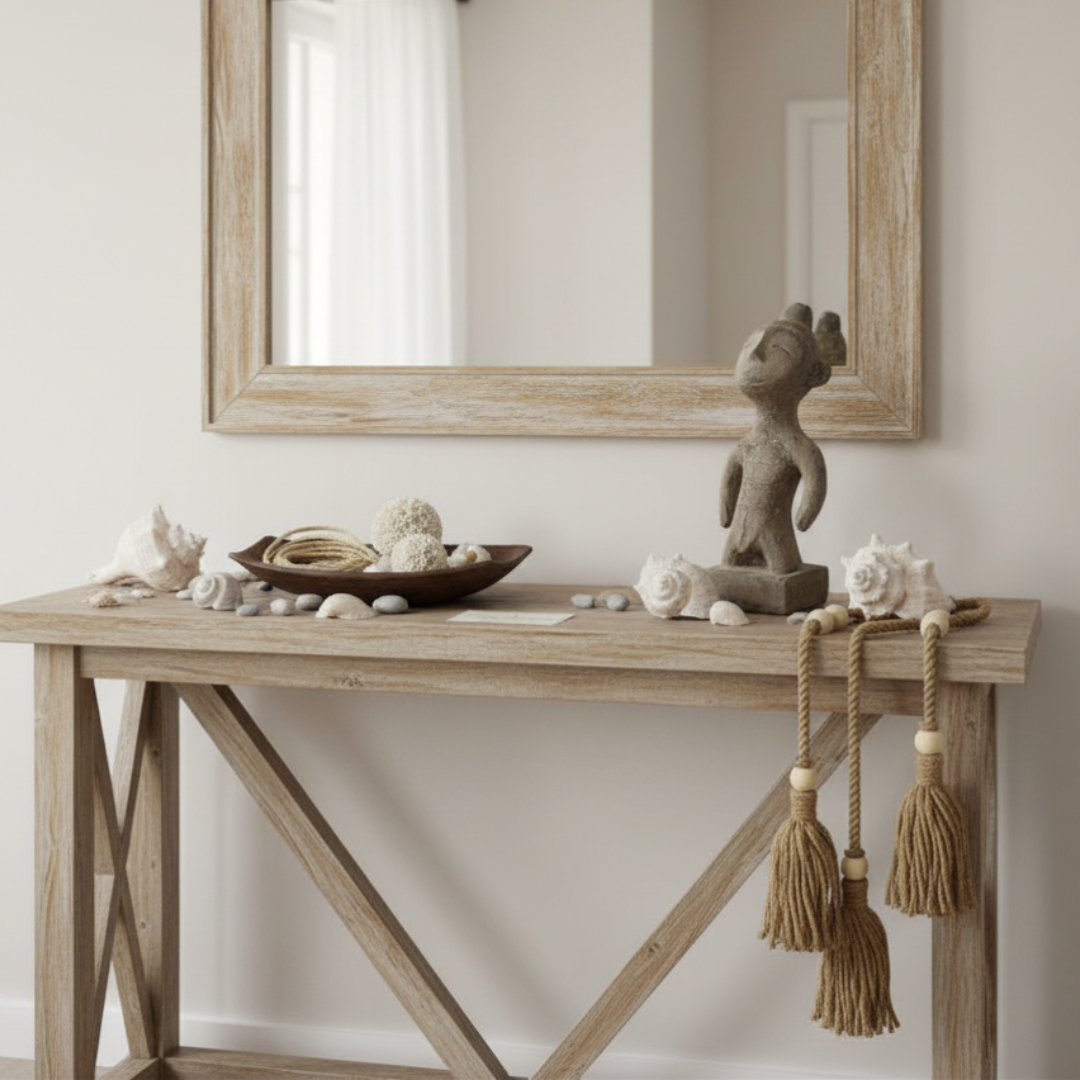 Wooden console table with decorative items against a white wall