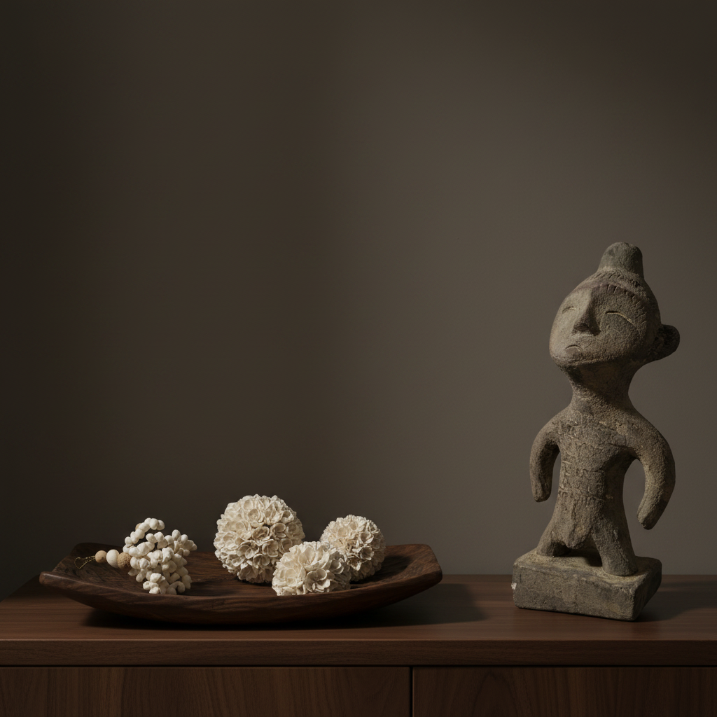 Decorative items including a stone sculpture, a wooden tray with spherical objects, and a dark background.