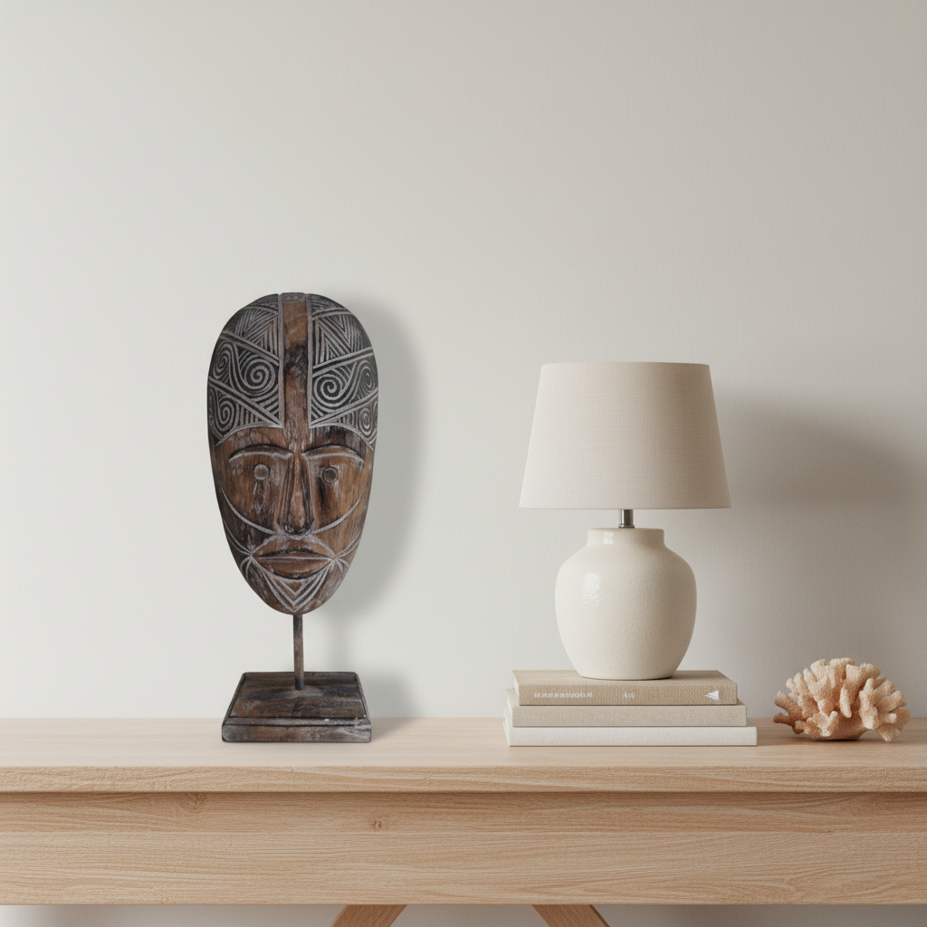 A carved wooden African-style mask on a metal stand displayed on a light wood console table next to a cream table lamp on stacked books and a small coral shell, against a plain off-white wall.