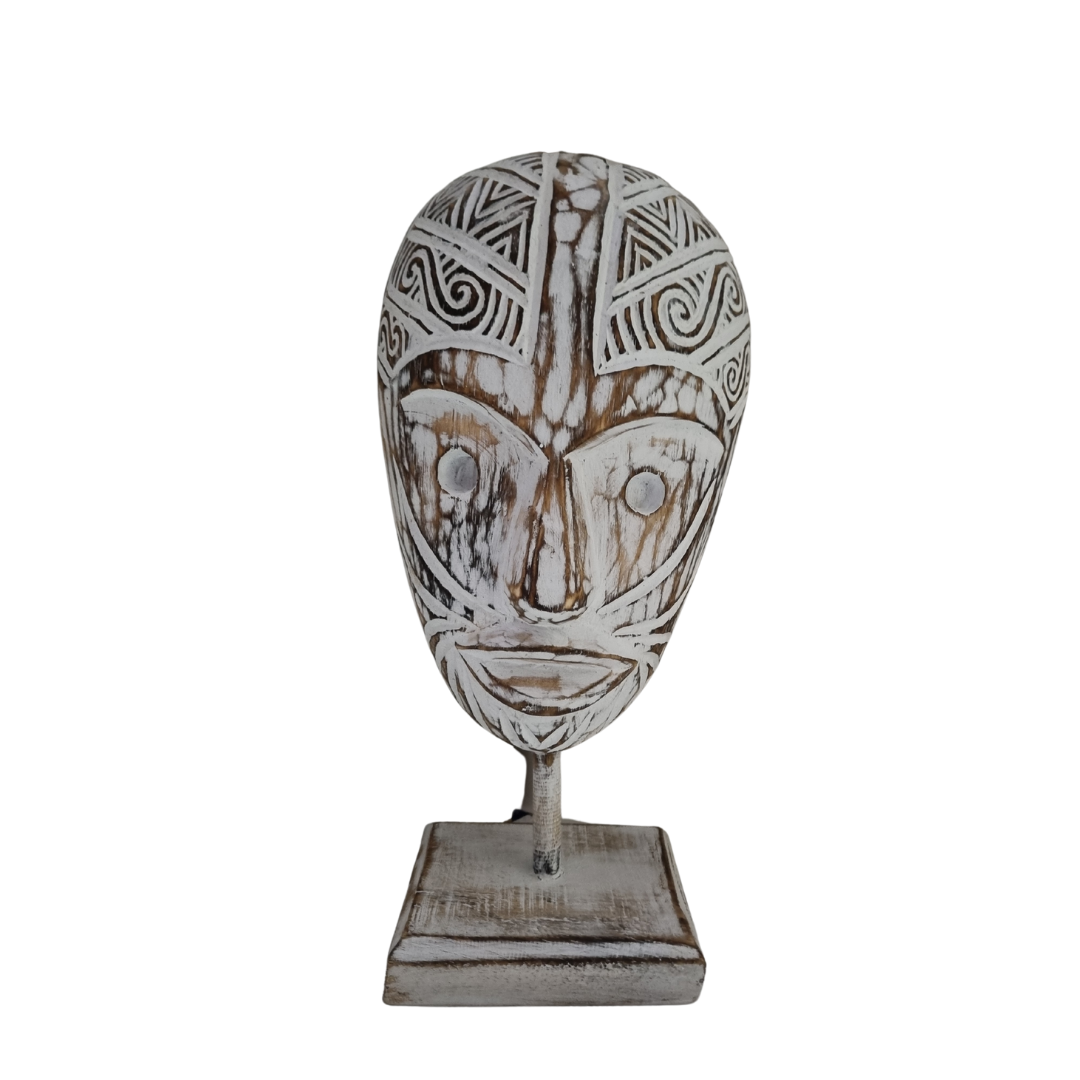 White-wash tribal wooden mask on stand – handcrafted with carved tribal pattern | Azure Decor