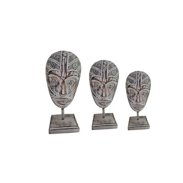 Handcrafted tribal wooden masks on stands in small, medium and large – white wash and white-wash finishes | Azure Deco