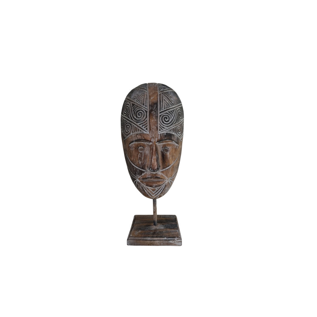 Brown-wash tribal wooden mask on stand – handcrafted with carved tribal pattern | Azure Decor